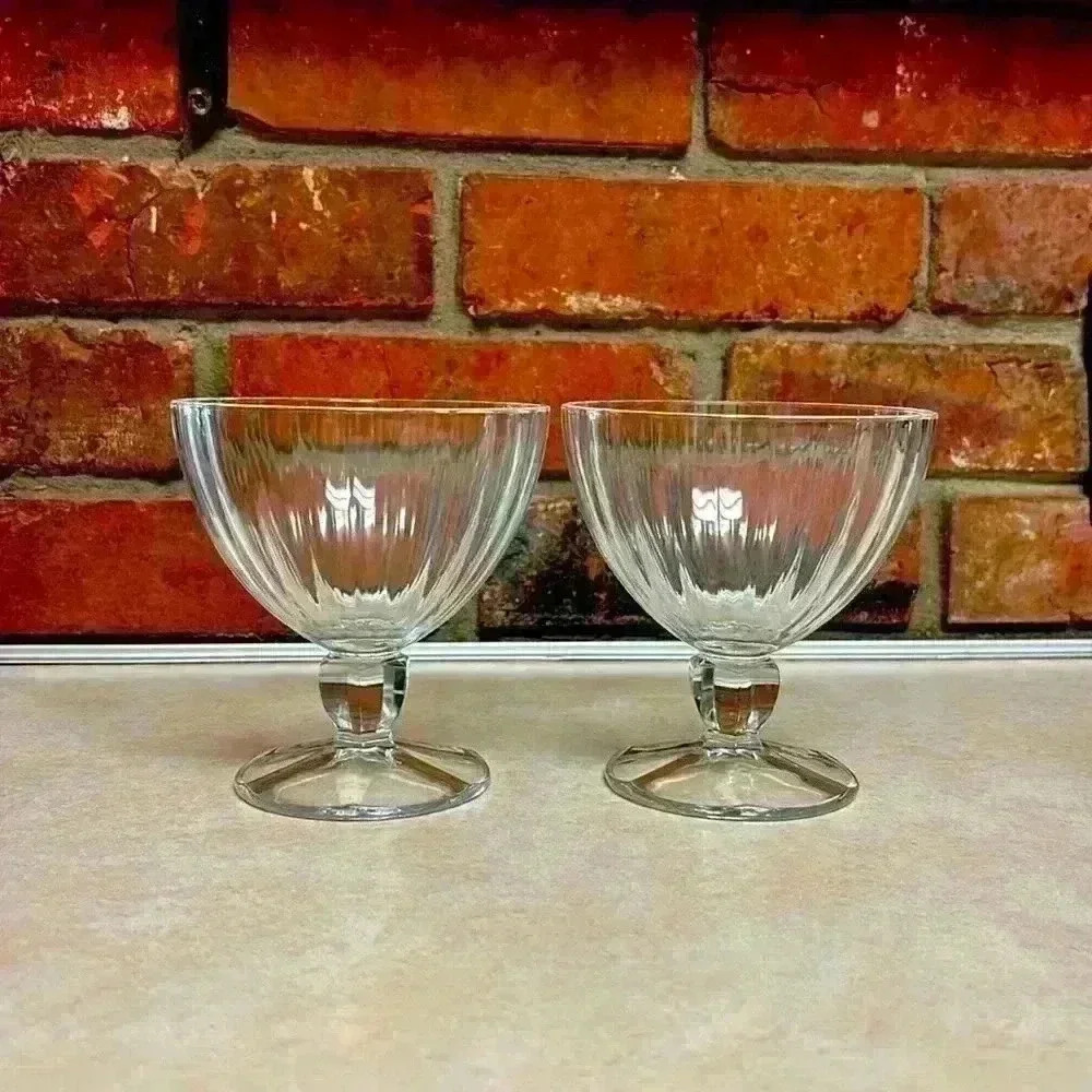 Cristal D'Arques-Durand 2 Ice Cream/Dessert Bowls Pattern Is "Quadro" No…